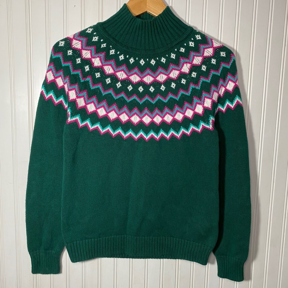 VTG J.Crew Green Fair Isle Mock Neck 100 Cotton Knit Sweater Nordic Soft Girl -S